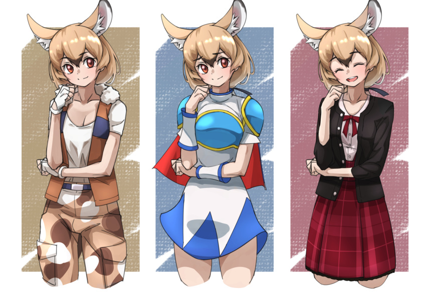 1girl, animal_ears, arle_nadja, arle_nadja_(cosplay), armor, belt, black_jacket, blue_shirt