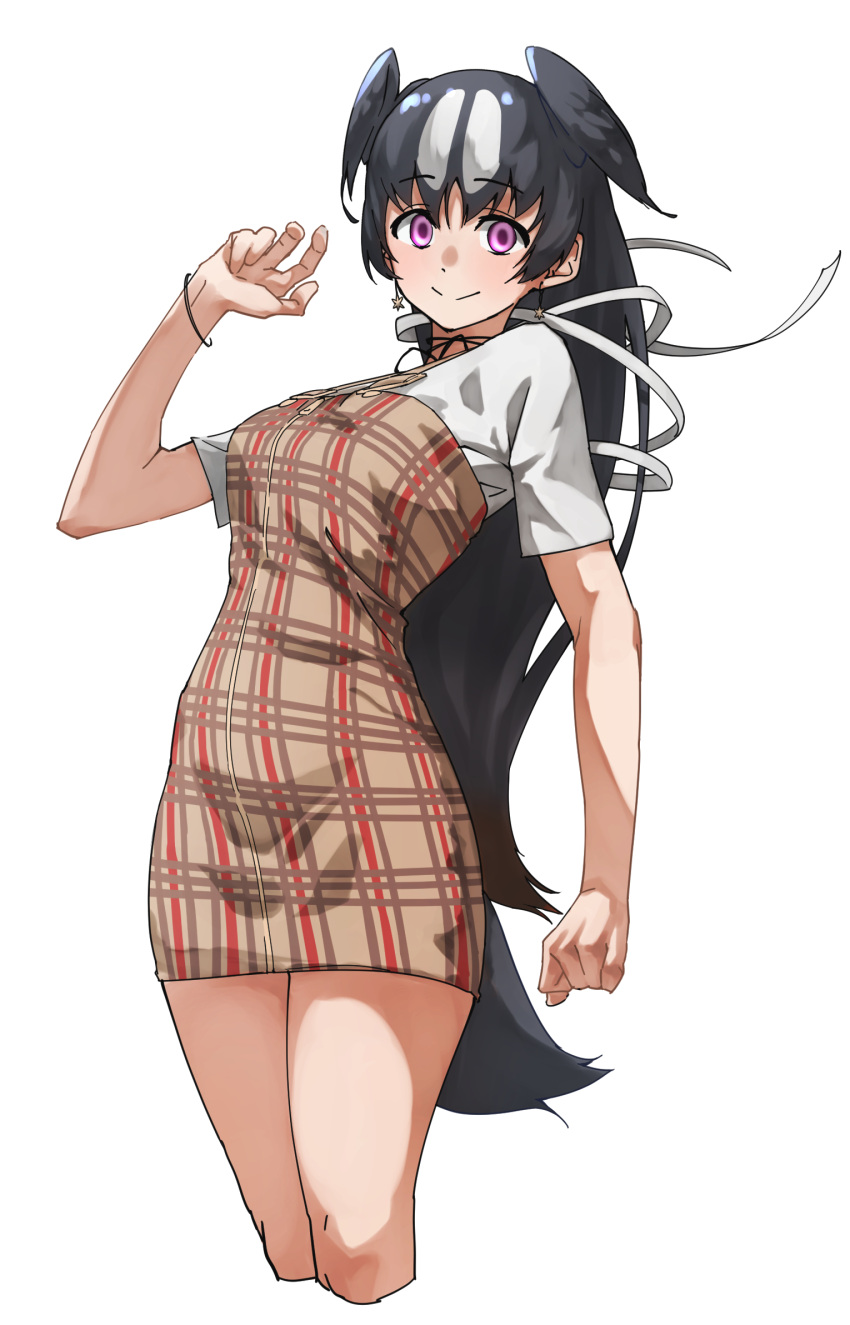 1girl, alternate_costume, black_hair, black_neckwear, bracelet, brown_dress, casual, cowboy_shot