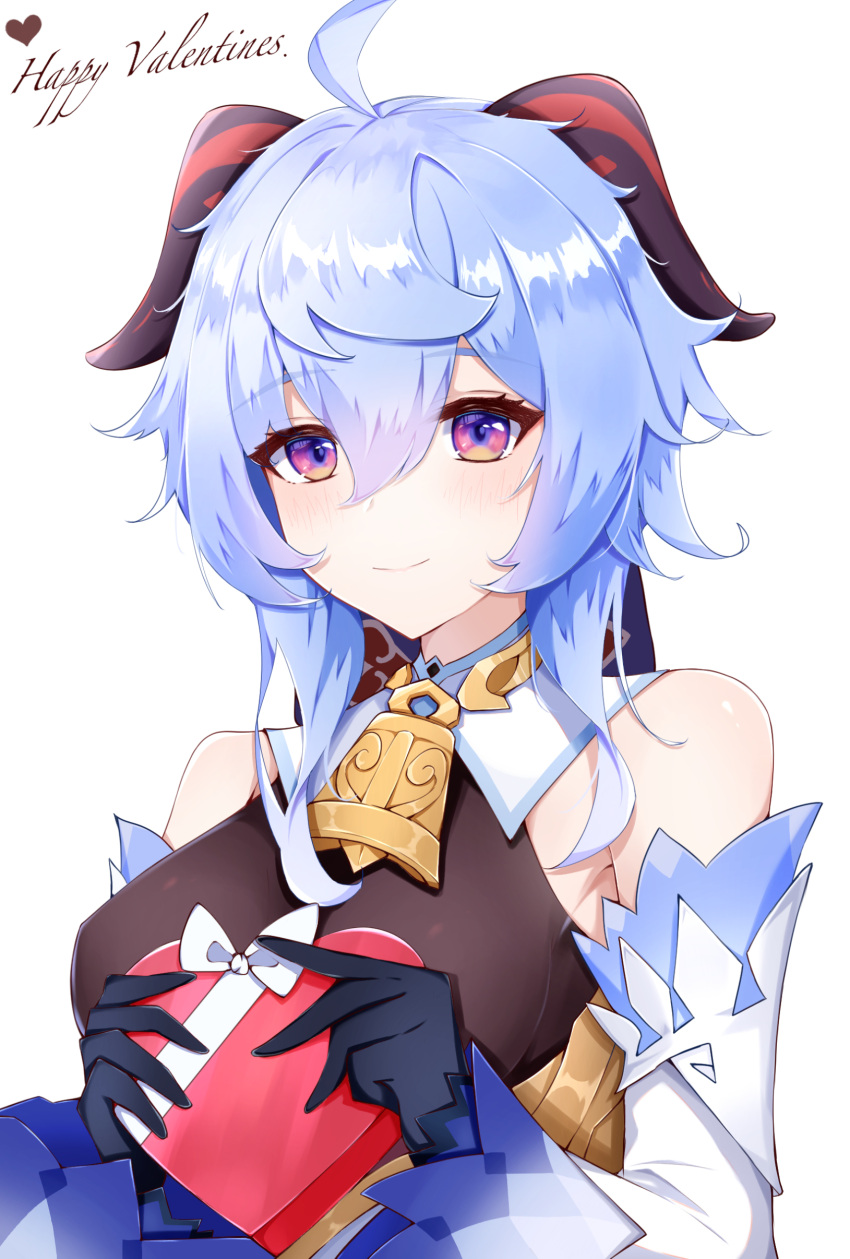 1girl, absurdres, ahoge, bangs, bare_shoulders, bell, black_gloves, blue_hair