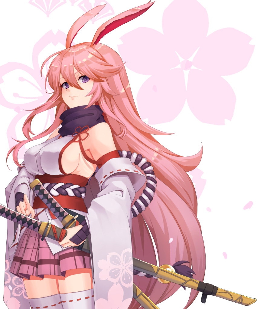 1girl, absurdres, animal_ears, bangs, bare_shoulders, breasts, cream_bread, floral_background