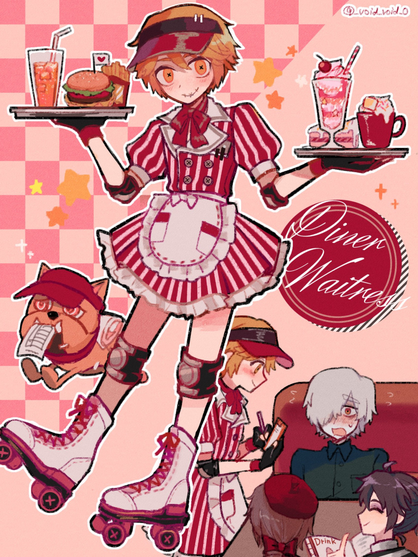 4boys, ahoge, andrew_kreiss, apron, artist_name, beret, black_gloves, black_shirt