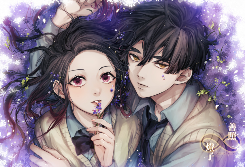 1boy, 1girl, agatsuma_touko, agatsuma_yoshiteru, arm_up, bangs, black_bow, black_bowtie, black_hair, black_necktie, blue_shirt, blunt_ends, bow, bowtie, brother_and_sister, clenched_hand, field, floating_hair, flower, flower_field, hair_between_eyes, highres, holding, holding_flower, holding_hair, hug, infinity, kimetsu_no_yaiba, long_hair, long_sleeves, looking_at_viewer, multicolored_hair, necktie, parted_lips, portrait, potato_(potato_chip6), red_eyes, redhead, school_uniform, shirt, short_hair, siblings, streaked_hair, sweater_vest, yellow_eyes