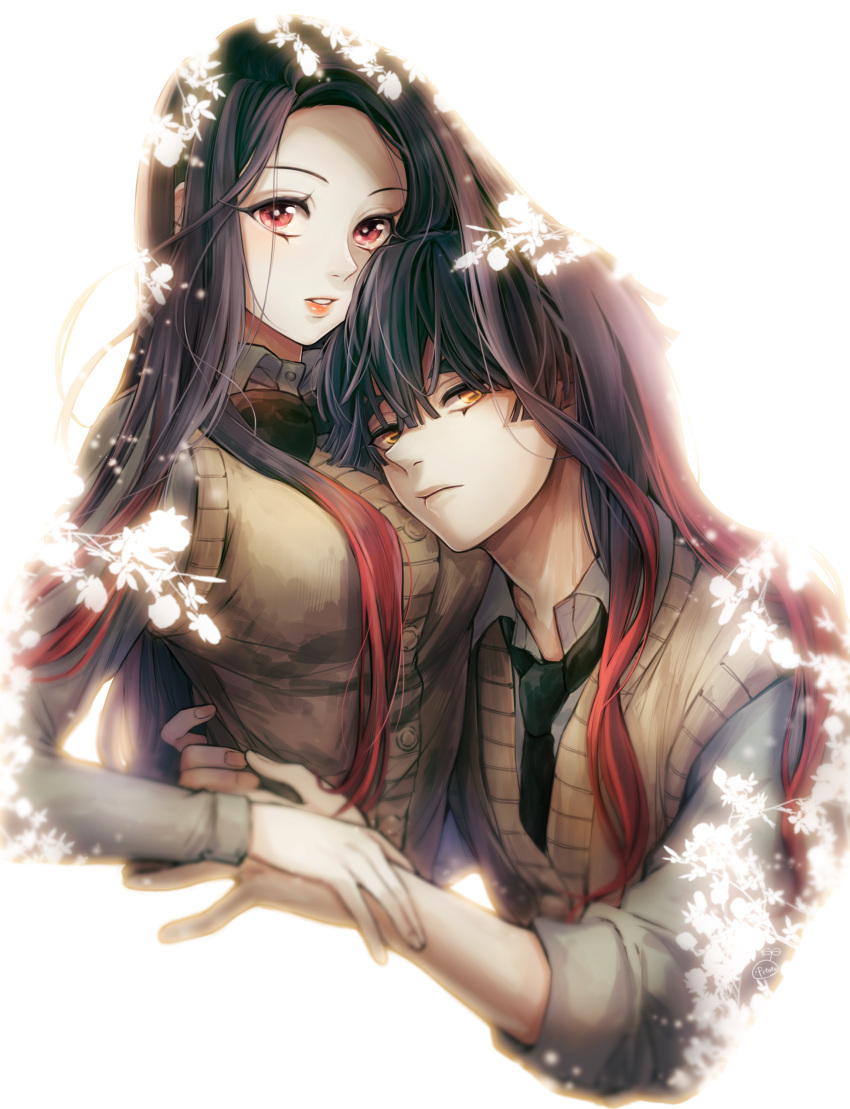 1boy, 1girl, absurdres, agatsuma_touko, agatsuma_yoshiteru, bangs, black_hair, blunt_ends, breast_pillow, breasts, brother_and_sister, closed_mouth, collared_shirt, eyelashes, forehead, frown, hair_flowing_over, head_tilt, highres, kimetsu_no_yaiba, large_breasts, lipstick, long_sleeves, looking_at_viewer, makeup, multicolored_hair, necktie, parted_lips, potato_(potato_chip6), red_eyes, redhead, school_uniform, shirt, short_hair, siblings, sleeves_rolled_up, straight_hair, sweater_vest, two-tone_hair, upper_body, white_background, yellow_eyes