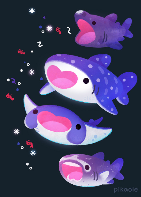 animal, animal_focus, artist_name, basking_shark, black_eyes, blue_background, commentary, english_commentary, fins, gills, manta_ray, megamouth_shark, no_humans, open_mouth, original, pikaole, plankton, shark, simple_background, smile, solid_circle_eyes, spots, swimming, tail_fin, teeth, watermark, whale_shark
