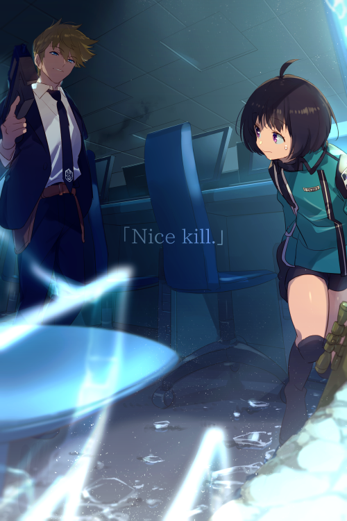 1boy, 1girl, ahoge, amatori_chika, amputee, arms_at_sides, bangs, black_footwear