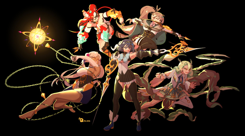 5girls, animal_ears, antlers, arrow_(projectile), bangs, black_gloves, black_hair, blonde_hair