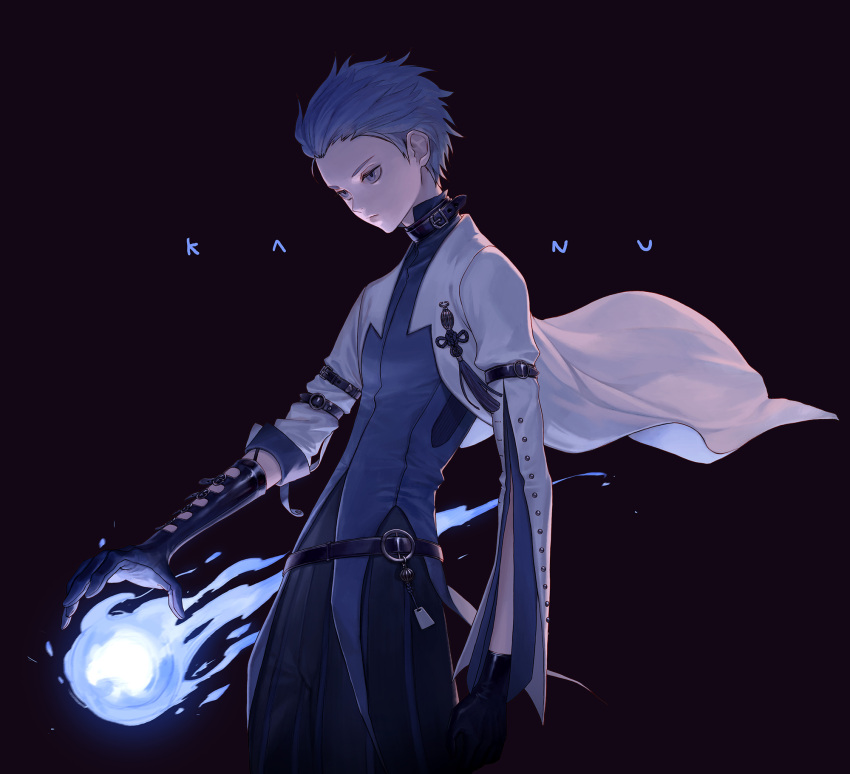1boy, arm_belt, artist_name, belt, black_background, blue_choker, blue_eyes, blue_fire
