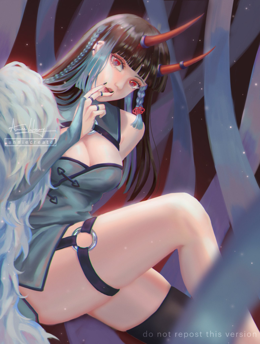 1girl, anniecreate, asymmetrical_legwear, blue_hair, breasts, brown_hair, colored_tips, demon_girl