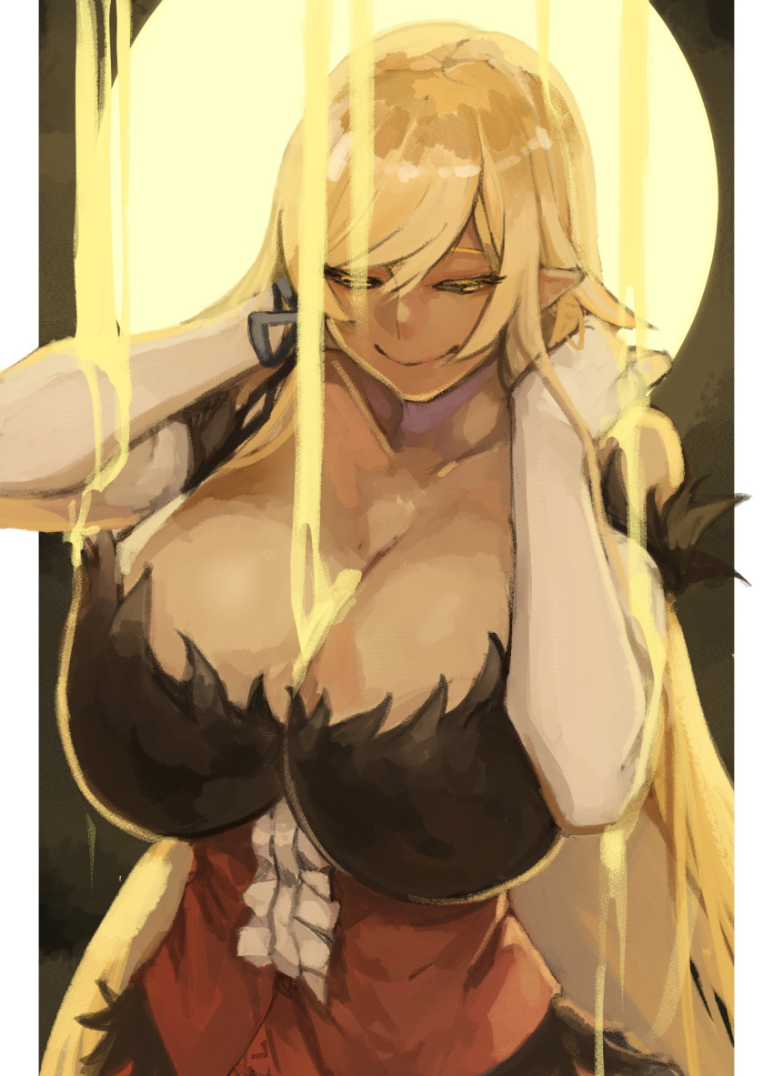 1girl, bangs, bare_shoulders, blonde_hair, breasts, closed_eyes, dress, elbow_gloves, gloves, hair_ribbon, highres, huge_breasts, kiss-shot_acerola-orion_heart-under-blade, kizumonogatari, larribee, long_hair, monogatari_(series), moon, oshino_shinobu, pointy_ears, red_dress, ribbon, sleeveless, sleeveless_dress, smile, solo, strapless, strapless_dress, vampire, very_long_hair, yellow_eyes