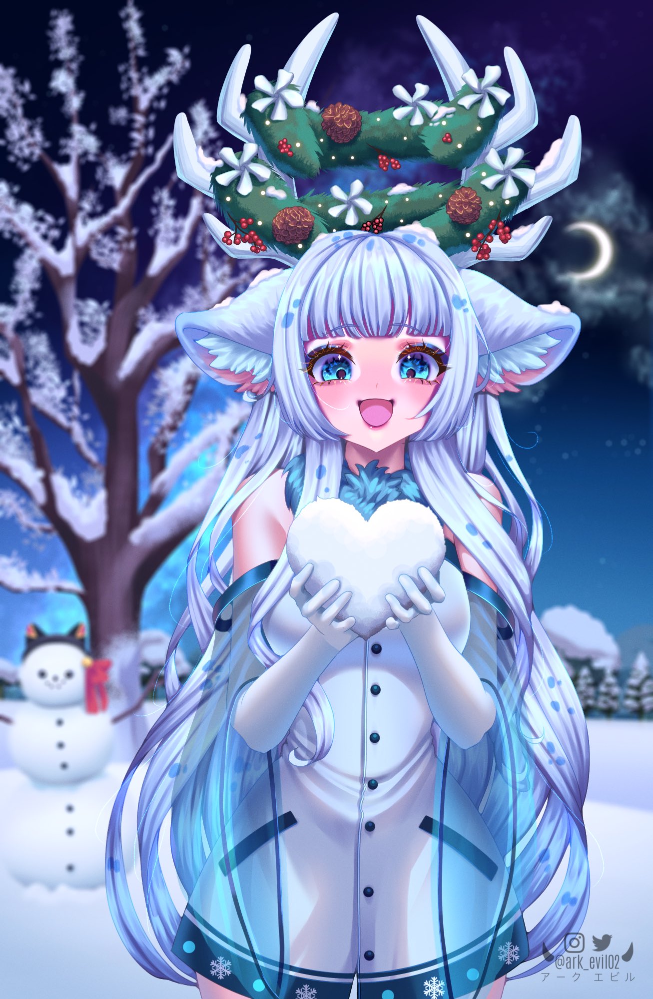 1girl, alternate_eye_color, alternate_hair_color, animal_ears, antlers, ark_evil02, bangs, breasts