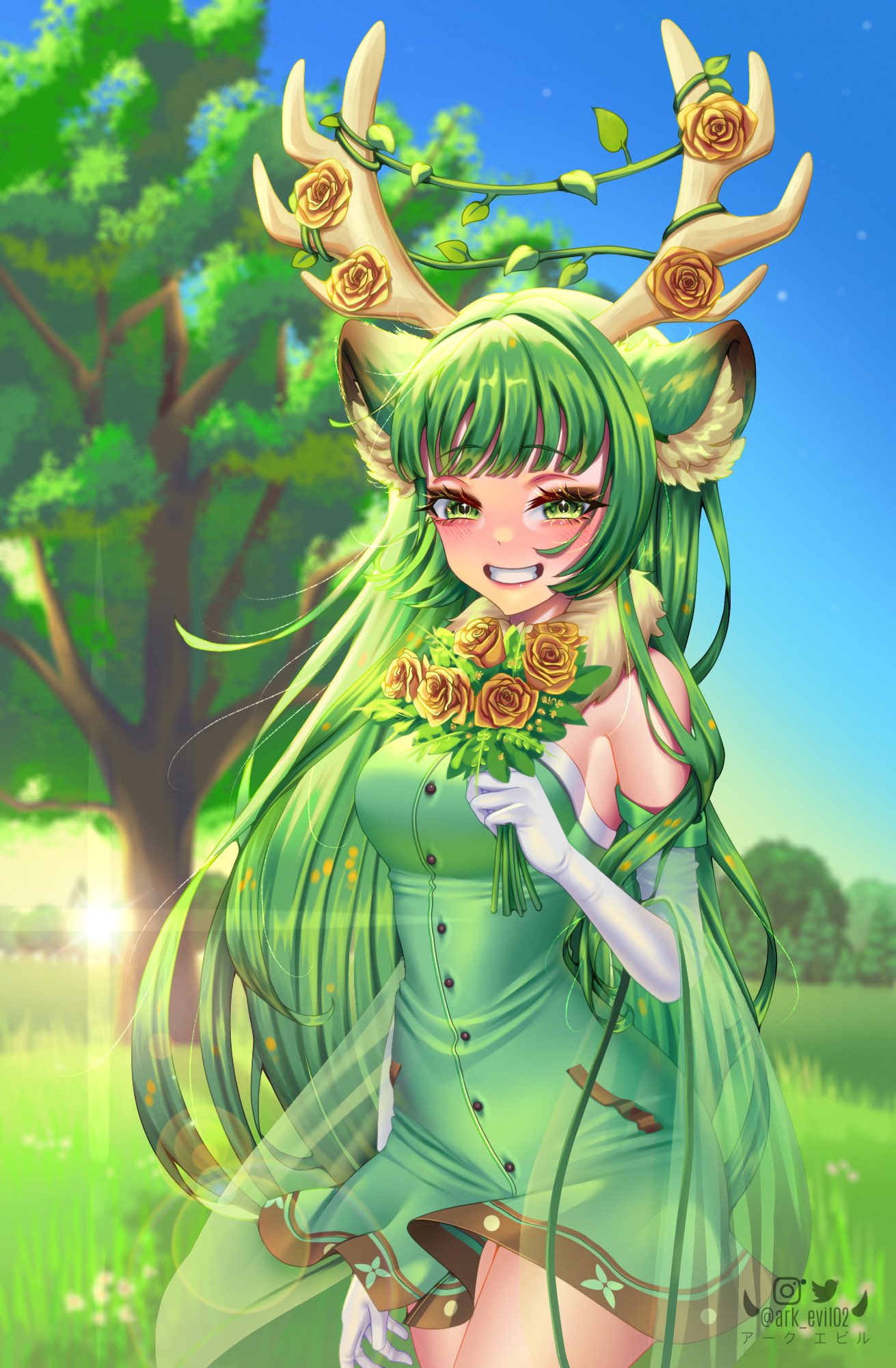 1girl, animal_ear_fluff, animal_ears, antlers, ark_evil02, bangs, breasts, commission