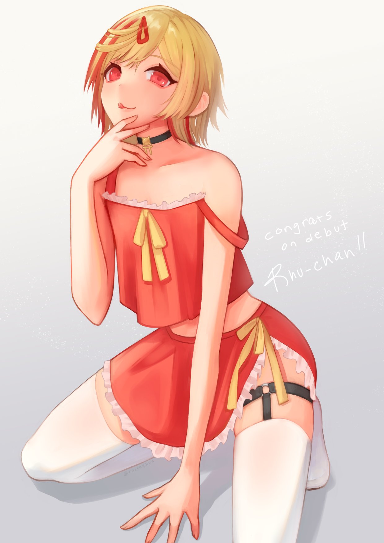 1girl, blonde_hair, choker, crop_top, full_body, highres, julie, lingerie