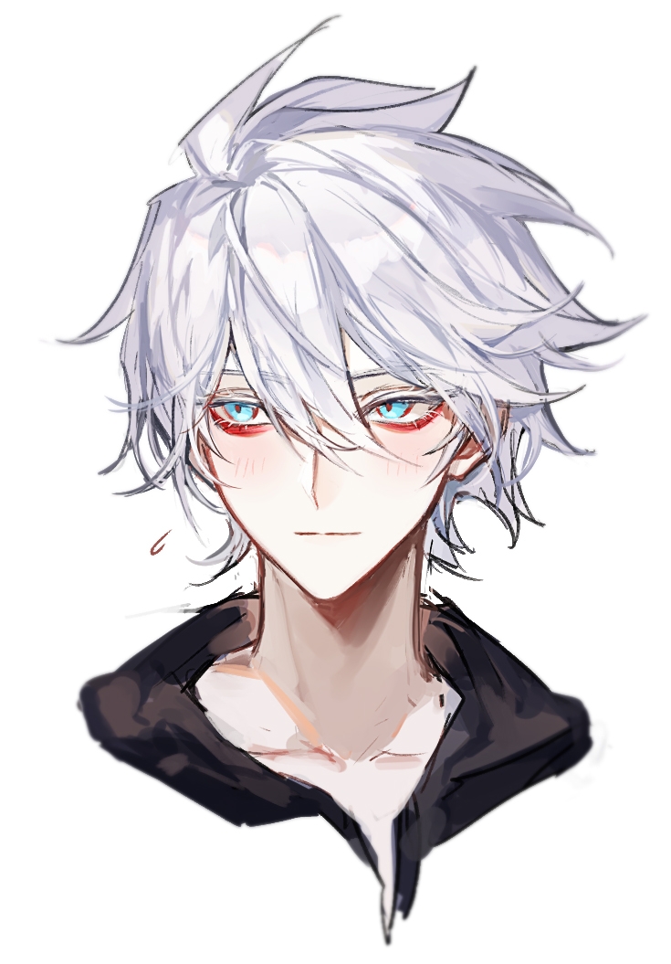 1boy, bangs, bishounen, blue_eyes, blush, chinese_commentary, eyeshadow, face, fate/apocrypha, fate/extella, fate/extella_link, fate/extra, fate/extra_ccc, fate/extra_ccc_fox_tail, fate/grand_order, fate_(series), hair_between_eyes, karna_(fate), light_blush, light_smile, makeup, male_focus, pale_skin, portrait, red_eyeshadow, short_hair, sideways_glance, simple_background, smile, solo, sqloveraven, type-moon, white_background, white_hair
