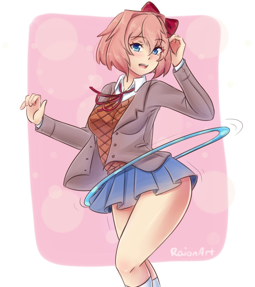 1girl, :d, blazer, blue_eyes, bow, cardigan_vest, doki_doki_literature_club, eyebrows_visible_through_hair
