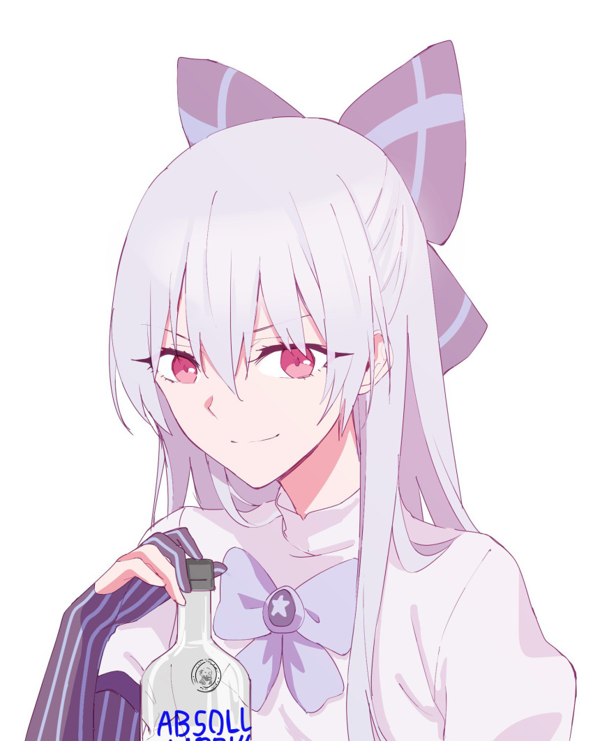 1girl, absolut_vodka, alcohol, bangs, bottle, bow, bowtie, closed_mouth