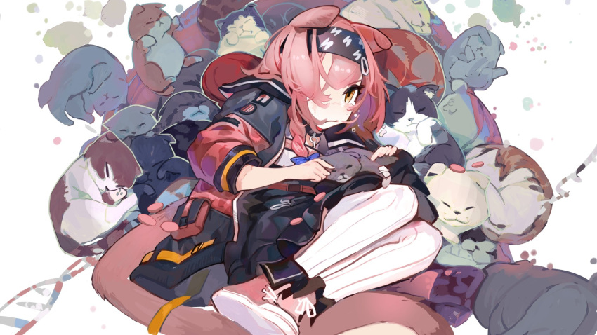 1girl, animal, animal_ears, arknights, black_skirt, blue_bow, blush, bow