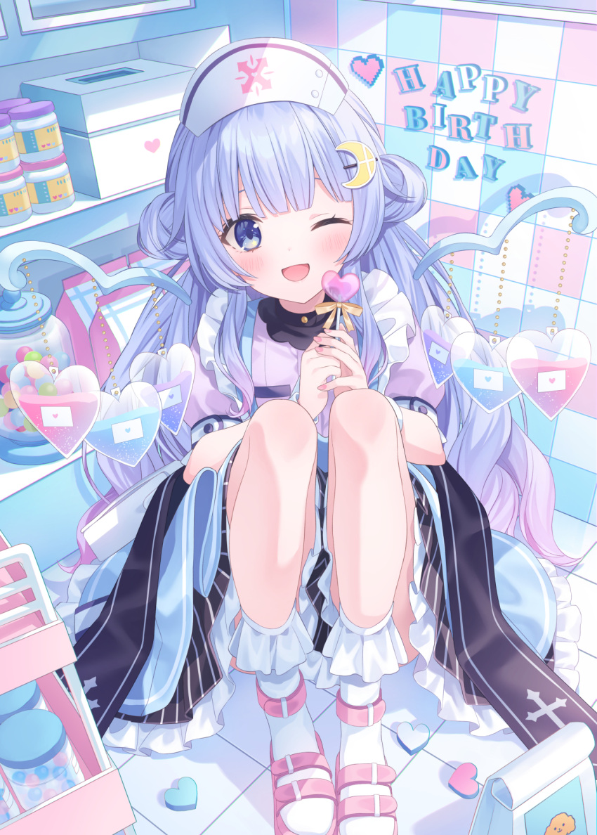 blue_eyes, blue_hair, blush, box, candy, crescent, crescent_hair_ornament, food