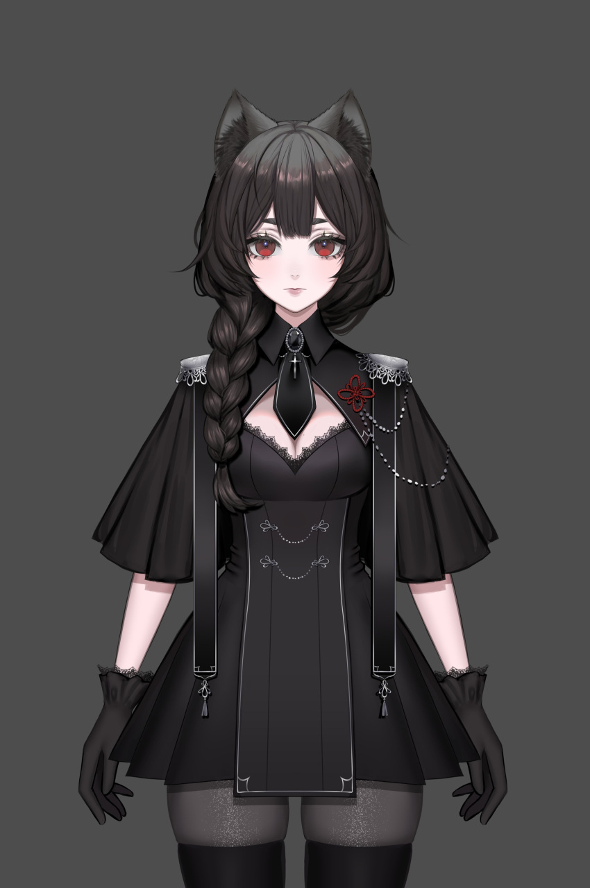 1girl, absurdres, animal_ears, black_legwear, braid, brown_hair, cat_ears, cat_girl