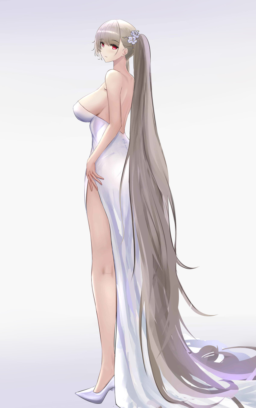 1girl, absurdres, alternate_costume, azur_lane, bangs, bare_back, bare_shoulders, breasts, closed_mouth, dress, eyebrows_visible_through_hair, flower, formidable_(azur_lane), full_body, hair_flower, hair_ornament, high_heels, highres, large_breasts, legs, long_hair, looking_to_the_side, magicc, platinum_blonde_hair, red_eyes, sideboob, simple_background, solo, standing, twintails, very_long_hair, white_dress, white_footwear