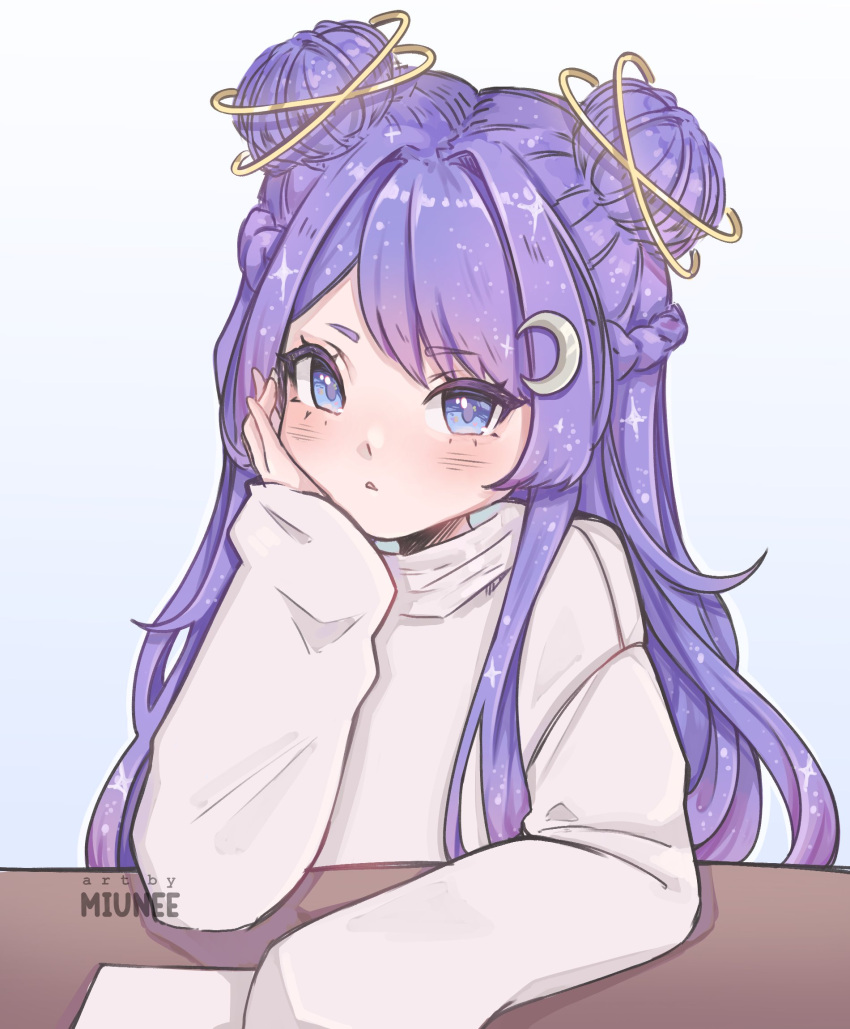 1girl, blue_eyes, blush, crescent, crescent_hair_ornament, crescent_moon, double_halo, hair_ornament