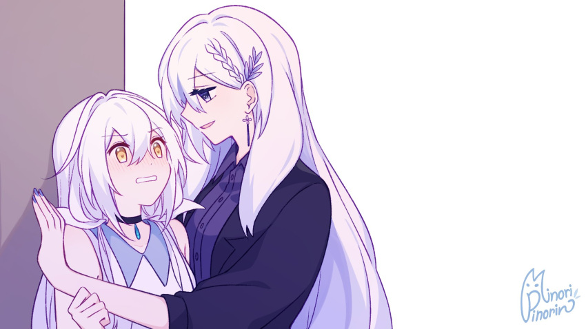 2girls, bangs, black_eyes, black_jacket, blue_shirt, blush, collarbone, earrings, english_commentary, eyebrows_visible_through_hair, hair_behind_ear, highres, jacket, jewelry, kabedon, long_hair, minori_pinorin, multiple_girls, parted_lips, qualia_qu, second-party_source, shino_laila, shirt, sleeveless, sleeveless_shirt, very_long_hair, virtual_youtuber, wactor_production, yellow_eyes, yuri