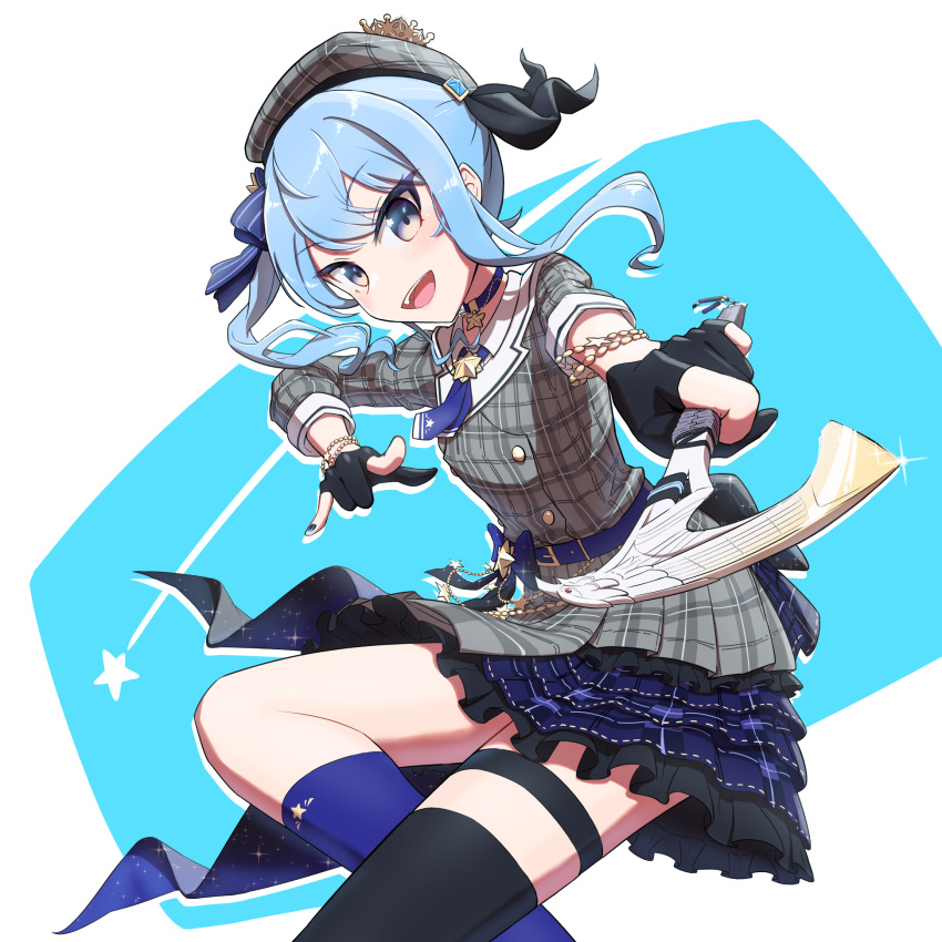 1girl, \m/, apex_legends, axe, beret, black_gloves, blue_bow, blue_eyes