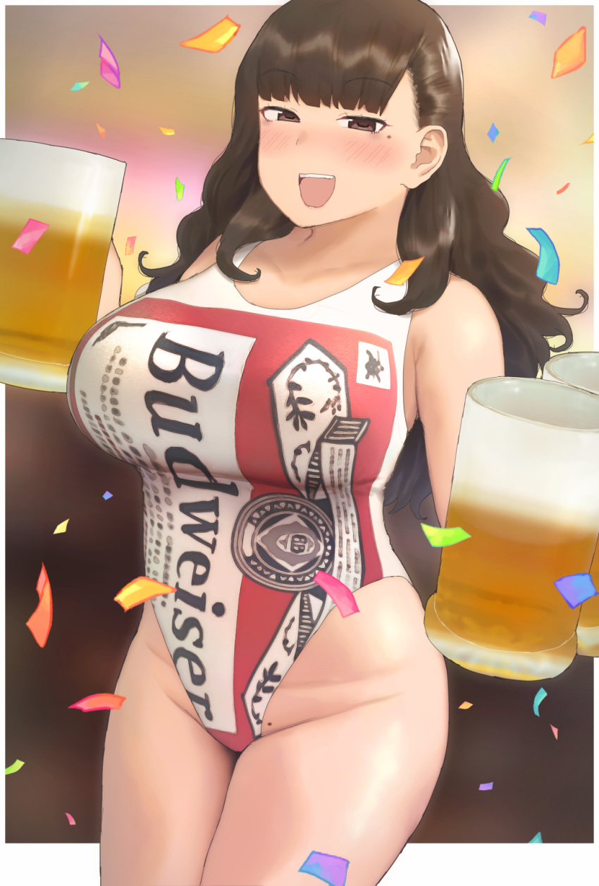 1girl, :d, alcohol, armpit_crease, bangs, bare_shoulders, beer, beer_mug
