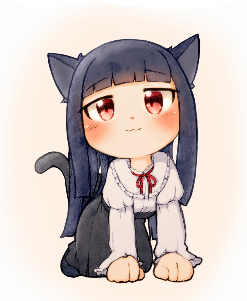 1girl, :3, absurdres, all_fours, animal_ears, bangs, black_skirt, blue_hair