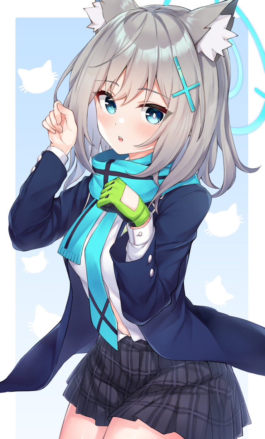 1girl, absurdres, animal_ear_fluff, animal_ears, blue_archive, blush, cross_hair_ornament, gloves
