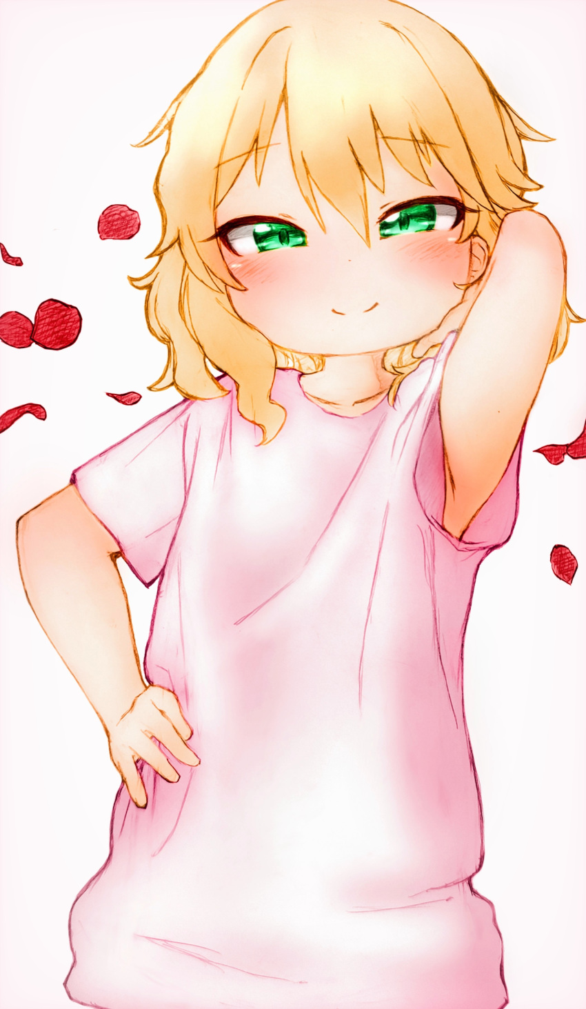 1girl, absurdres, alternate_costume, arm_up, armpit_peek, bangs, blonde_hair, blush