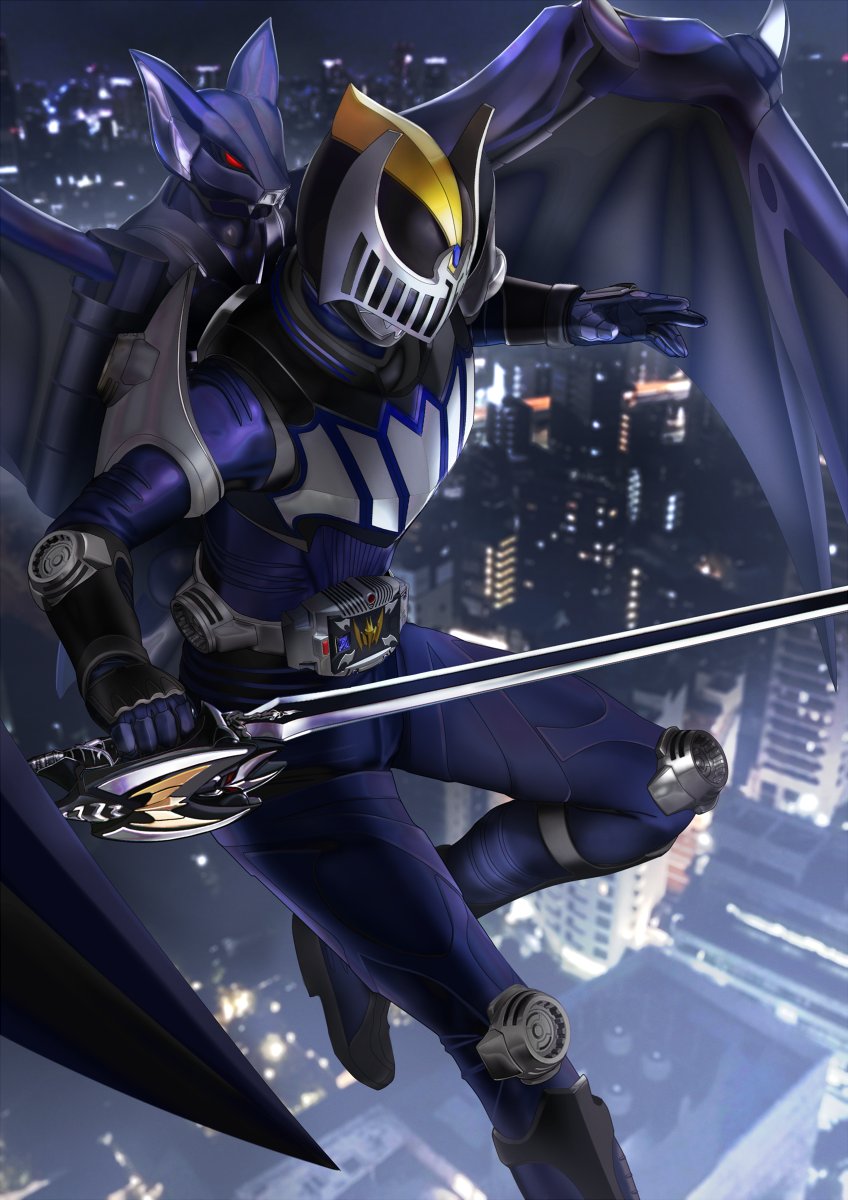 1boy, advent_deck, bat_wings, belt, black_footwear, boots, cape, city, city_lights, cityscape, clock, commentary_request, contract_monster, darkwing, flying, full_body, highres, kamen_rider, kamen_rider_knight, kamen_rider_ryuki_(series), knight, male_focus, masukudo_(hamamoto_hikaru), night, night_sky, sky, solo, sword, v_buckle, weapon, wings