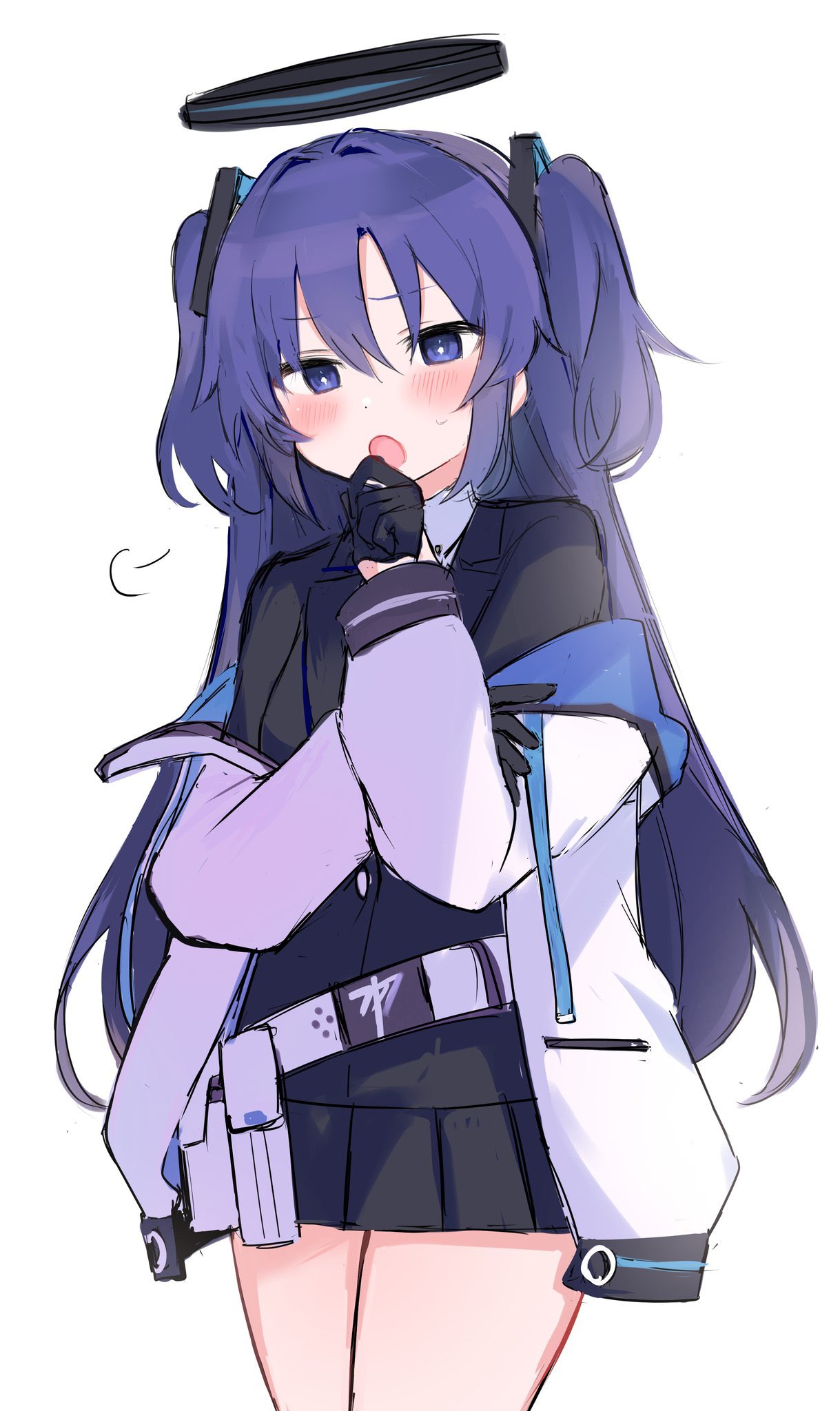 1girl, :o, arm_up, asymmetrical_bangs, bangs, belt, belt_pouch, black_gloves, black_skirt, black_suit, blue_archive, blue_jacket, blush, bright_pupils, cowboy_shot, gloves, hair_ornament, half_gloves, halo, hand_on_own_arm, hand_on_own_face, highres, jacket, long_hair, miniskirt, multicolored_clothes, multicolored_jacket, neku01n, off_shoulder, open_clothes, open_jacket, pleated_skirt, pouch, purple_hair, sidelocks, simple_background, skirt, solo, two_side_up, violet_eyes, white_background, white_belt, white_jacket, white_pupils, yuuka_(blue_archive)