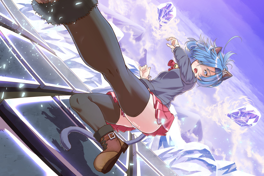 1girl, animal_ears, ascot, blazer, blue_eyes, blue_hair, boots, cat_ears, cat_tail, highres, jacket, long_sleeves, one_step_from_eden, pleated_skirt, selicy_(one_step_from_eden), short_hair, skirt, solo, tail, thigh-highs, til_(tilpim), uniform