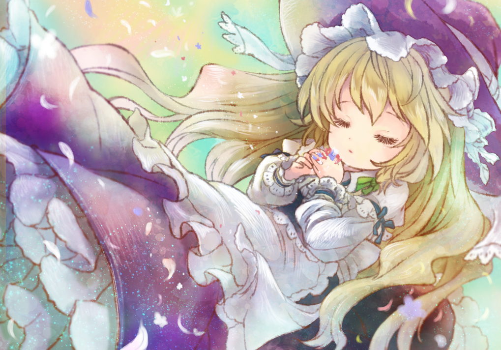 1girl, apron, black_vest, blonde_hair, blue_bow, blue_flower, bow, closed_eyes