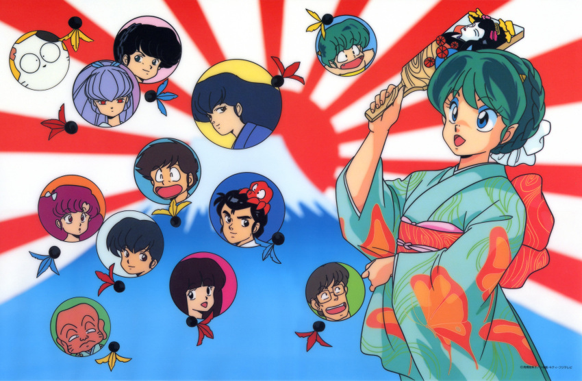 1980s_(style), 5boys, 6+girls, absurdres, animal_on_head, animal_print, bald, ball