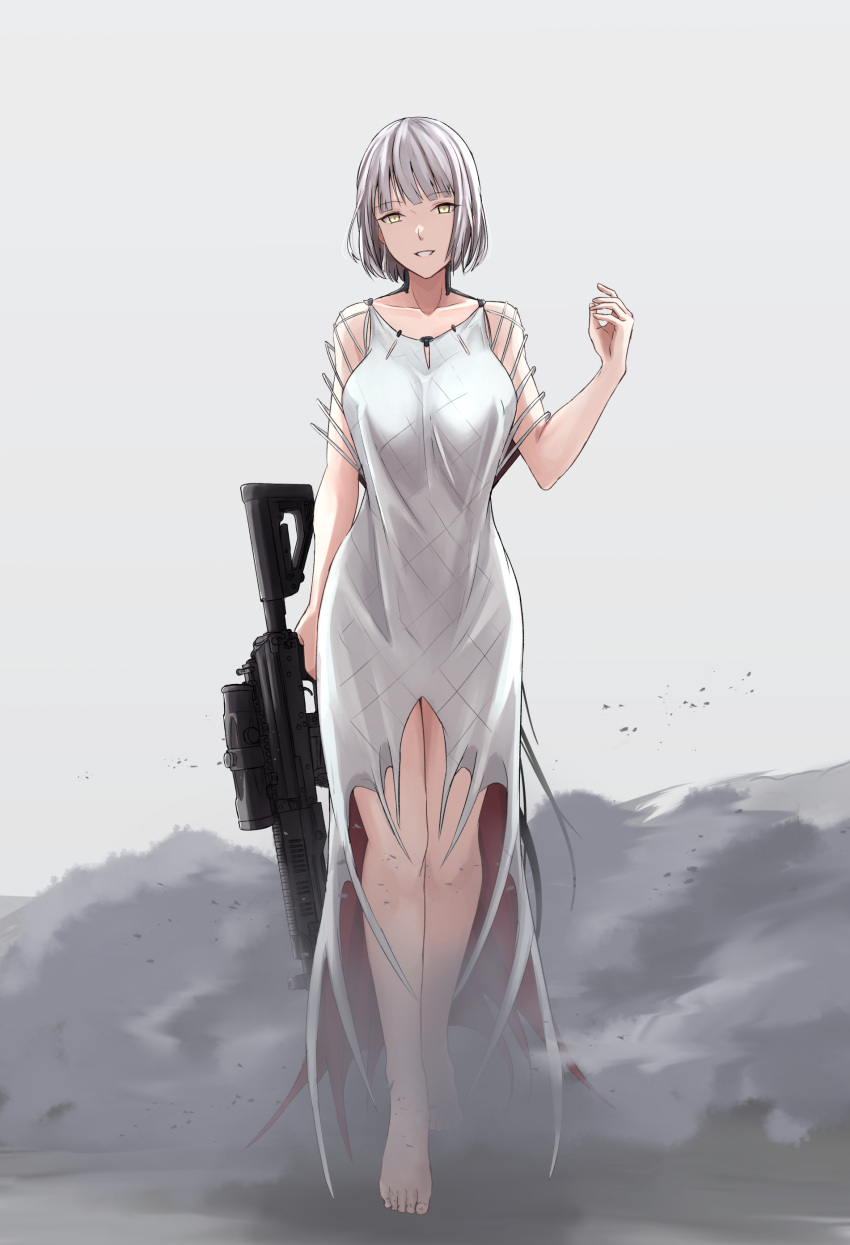 1girl, absurdres, alternate_costume, barefoot, breasts, collarbone, cyka, full_body
