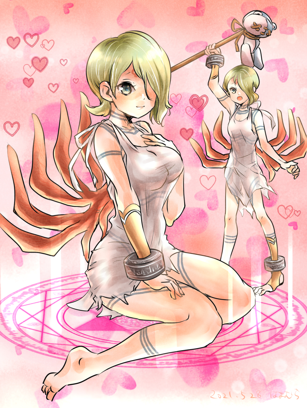 1girl, alternate_breast_size, anklet, barefoot, blonde_hair, blue_eyes, bracelet, breasts