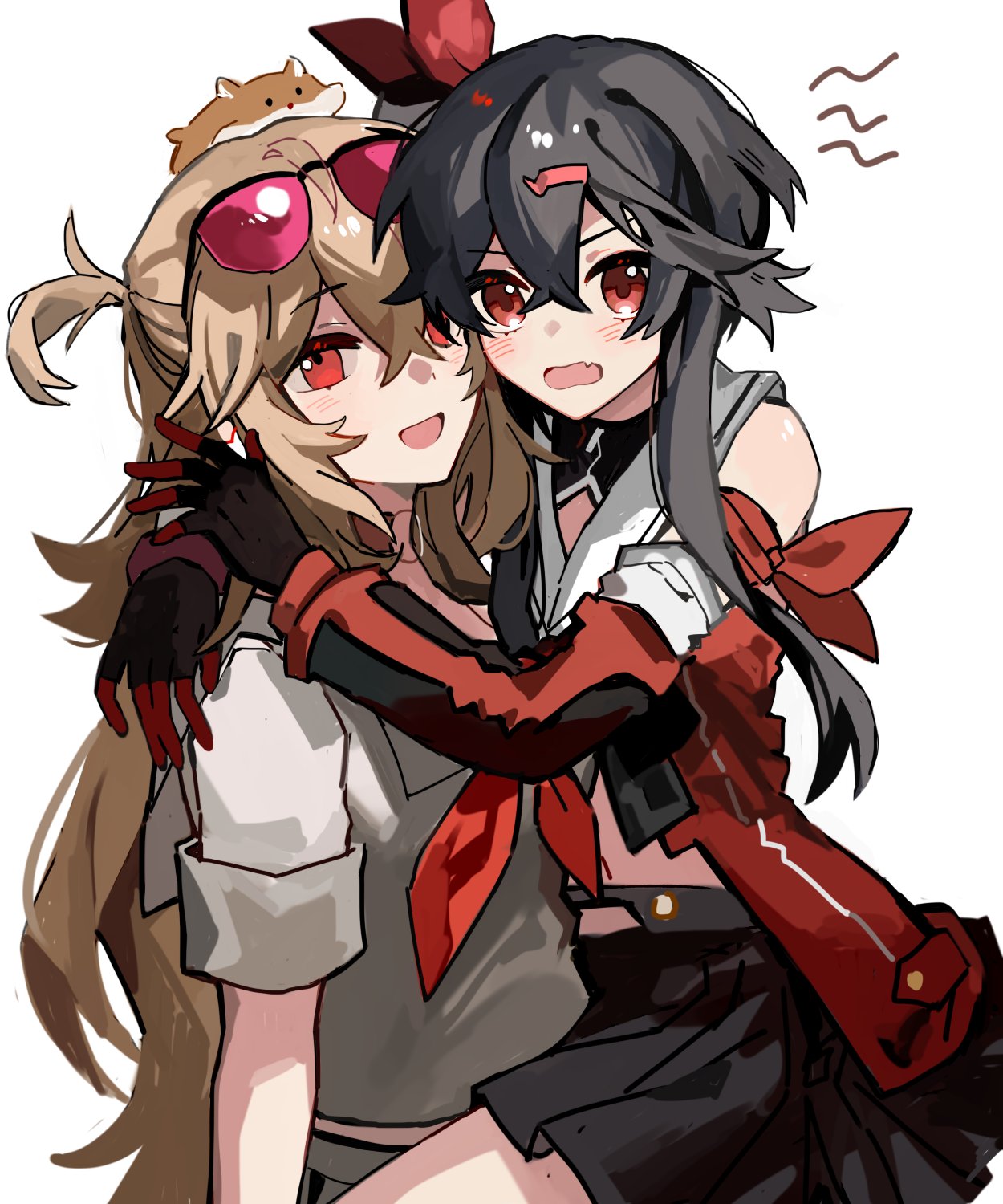 2girls, alchemy_stars, animal_on_head, bandaged_arm, bandages, bangs, black_hair, black_skirt, blonde_hair, blush, detached_sleeves, eyewear_on_head, fang, gloves, hamster, highres, hug, long_hair, looking_at_viewer, multiple_girls, navel, neckerchief, on_head, open_mouth, red_eyes, red_neckerchief, rouge_(alchemy_stars), ruby_(alchemy_stars), sailor_collar, serien, shirt, simple_background, skin_fang, skirt, smile, straddling, sunglasses, two_side_up, white_background, white_shirt