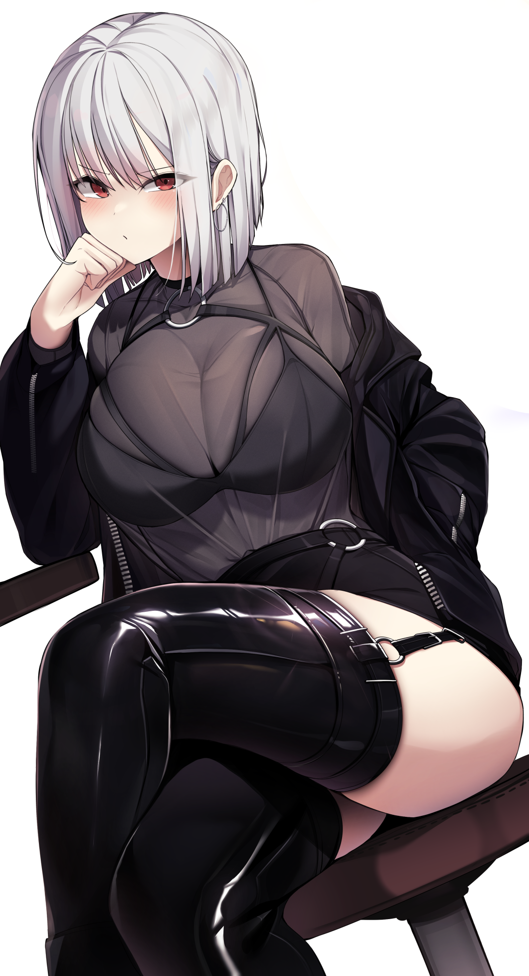 1girl, black_bra, black_jacket, black_skirt, blush, bra, bra_visible_through_clothes, breasts, closed_mouth, crossed_legs, ddangbi, earrings, elbow_rest, garter_straps, hand_in_pocket, head_rest, highres, hoop_earrings, jacket, jewelry, large_breasts, looking_at_viewer, o-ring, o-ring_legwear, o-ring_top, off_shoulder, original, red_eyes, see-through_shirt, short_hair, simple_background, sitting, skirt, solo, stool, thigh-highs, thighs, underwear, white_background, white_hair