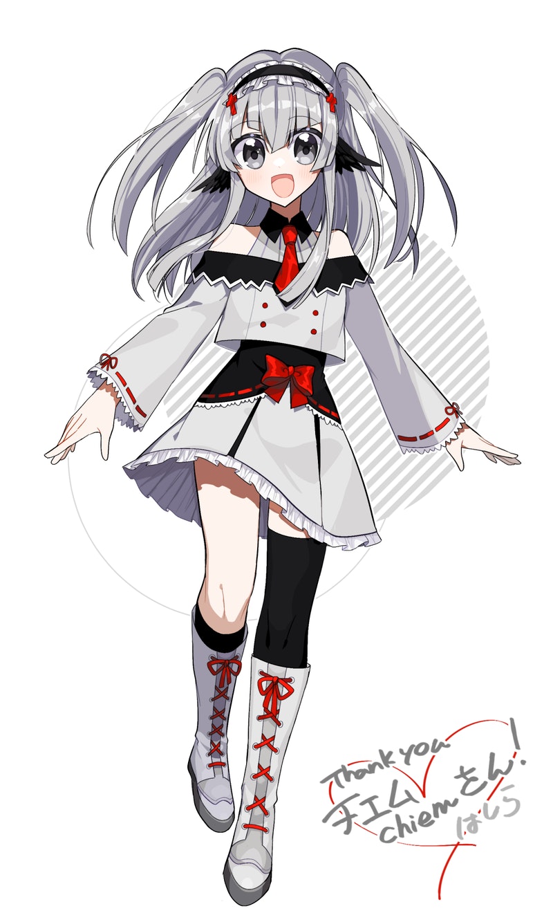 asymmetrical_legwear, black_wings, buttons, chiem_(vtuber), commission, double-breasted, feathered_wings, frilled_hairband
