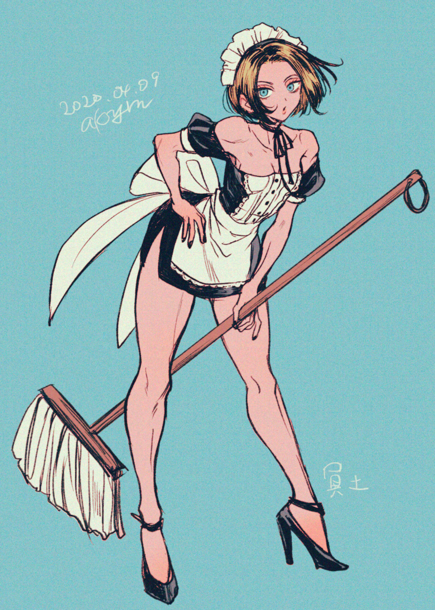1girl, :o, absurdres, akiyama_enma, apron, bangs, bare_legs, black_hair