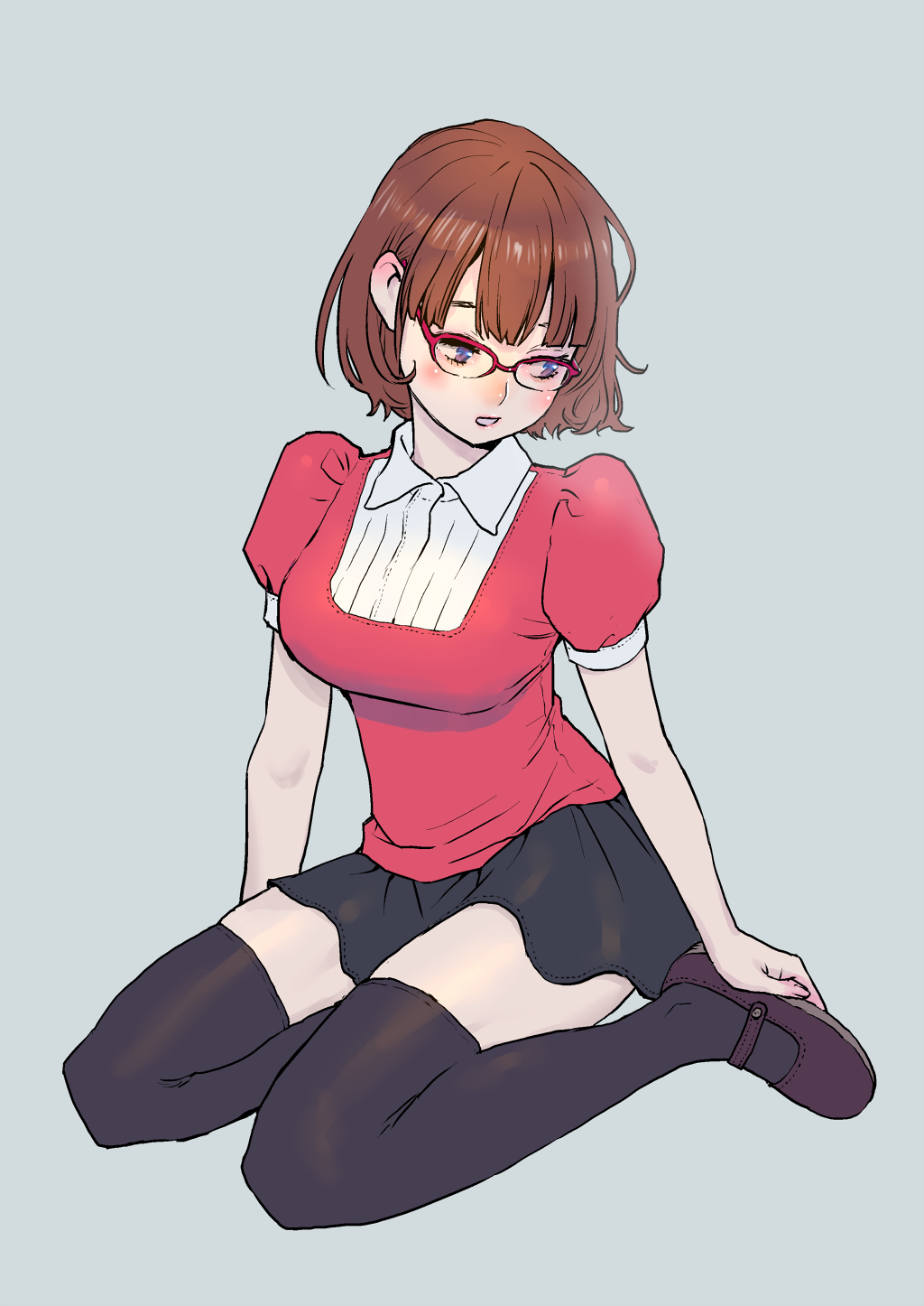 blush, bob_cut, brown_hair, collared_shirt, glasses, grey_background, highres, looking_down