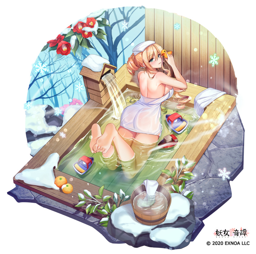 1girl, ass, blonde_hair, blush, breasts, bucket, character_request, drill_hair, food, from_behind, fruit, green_eyes, hair_between_eyes, highres, large_breasts, looking_at_viewer, looking_back, maett, mahoroba_youjo_kitan, naked_towel, official_art, onsen, parted_lips, partially_submerged, rubber_duck, see-through_silhouette, smile, snow, solo, towel, toy_boat, yuzu_(fruit)