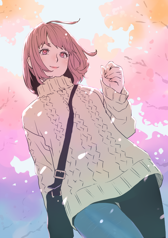 1girl, ahoge, bag, brown_hair, cable_knit, cherry_blossoms, dutch_angle, from_below