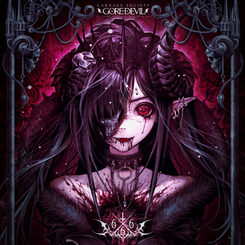 1girl, 666, black_hair, blood, blood_from_eyes, blood_from_mouth, choker, demon