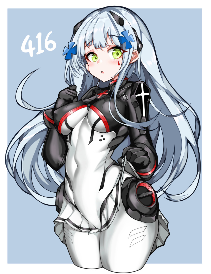 1girl, absurdres, black_bodysuit, bodysuit, breasts, covered_navel, cross_hair_ornament, girls_frontline