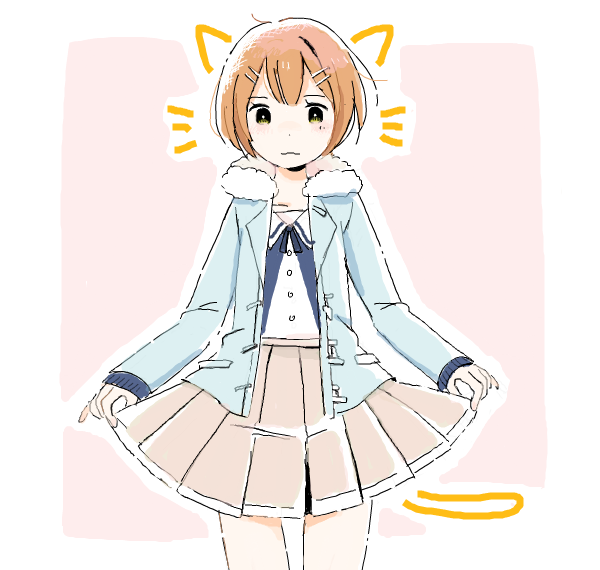 1girl, :3, animal_ears, bad_drawr_id, bad_id, bangs, beige_skirt, blue_jacket, blunt_bangs, border, bright_pupils, casual, cat_ears, cat_tail, closed_mouth, collarbone, collared_shirt, cowboy_shot, dot_nose, drawn_ears, drawn_tail, drawn_whiskers, drawr, fake_animal_ears, fake_tail, fake_whiskers, fur-trimmed_jacket, fur_trim, hair_ornament, hairclip, hoshizora_rin, jacket, jaggy_lines, light_blush, light_smile, long_sleeves, looking_at_viewer, love_live!, love_live!_school_idol_project, miniskirt, oekaki, open_clothes, open_jacket, orange_hair, outline, outside_border, pale_color, pink_background, pleated_skirt, satou_odori, shirt, short_hair, simple_background, skirt, skirt_hold, solo, standing, straight-on, tail, whiskers, white_border, white_outline, white_pupils, white_shirt, wing_collar, yellow_eyes