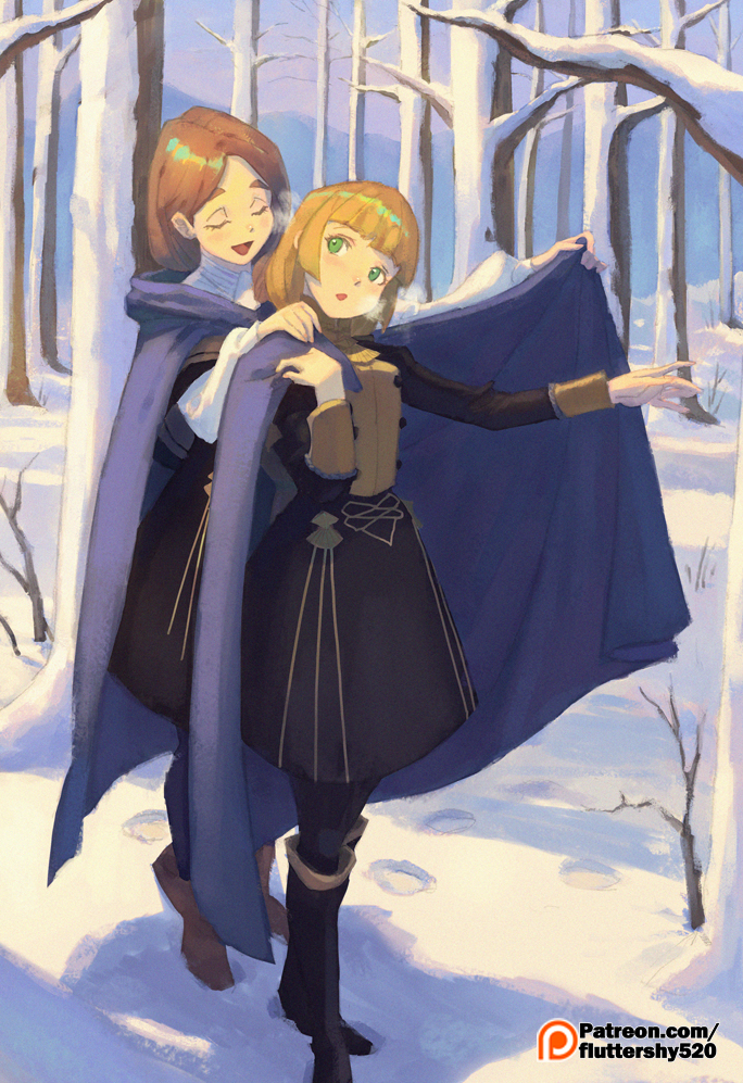 2girls, adjusting_clothes, artist_name, bangs, black_jacket, black_skirt, blonde_hair, blue_eyes, blue_legwear, blunt_bangs, blush, boots, cape, closed_eyes, cold, commentary, dress, english_commentary, fire_emblem, fire_emblem:_three_houses, forest, garreg_mach_monastery_uniform, green_eyes, green_little, hand_on_another's_shoulder, high-waist_skirt, hood, hood_down, hooded_cape, ingrid_brandl_galatea, jacket, knee_boots, long_hair, long_sleeves, mercedes_von_martritz, multiple_girls, nature, outdoors, parted_bangs, patreon_username, skirt, skirt_set, smile, snow, standing, thigh-highs, tree, walking