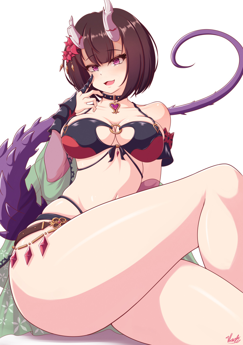 1girl, bikini, black_bikini, breasts, broken_horn, brown_hair, choker, cleavage, demon_girl, eriko_(princess_connect!), hair_ornament, heart_choker, horns, looking_at_viewer, o-ring_bikini, o-ring_top, princess_connect!, short_hair, smile, solo, spiked_tail, swimsuit, tail, thick_thighs, thighs, violet_eyes, vlacksr, white_background, yandere