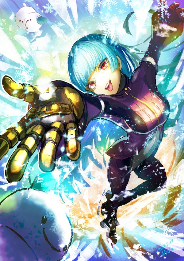 1girl, bangs, belt, blue_hair, bodysuit, eyebrows_visible_through_hair, full_body, gloves, ice, ice_skates, kula_diamond, long_hair, looking_at_viewer, nkyoku, skates, smile, snowflakes, snowman, the_king_of_fighters, the_king_of_fighters_xv, tongue, tongue_out, violet_eyes